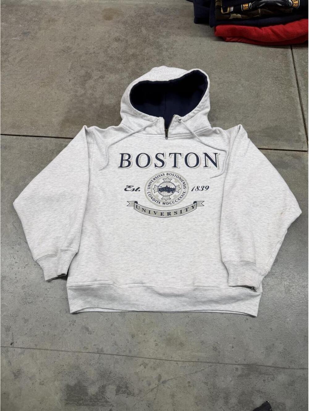vintage boston university collegiate grey spell out hoodie size medium